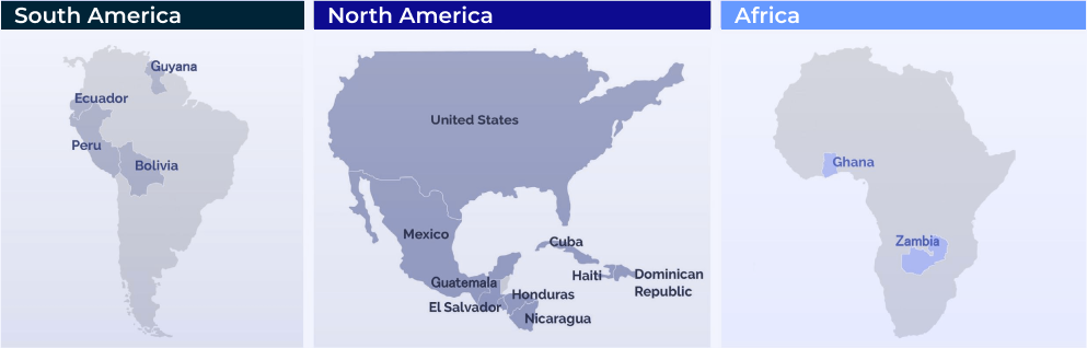 Map highlighting select countries in South America, North America and Africa.